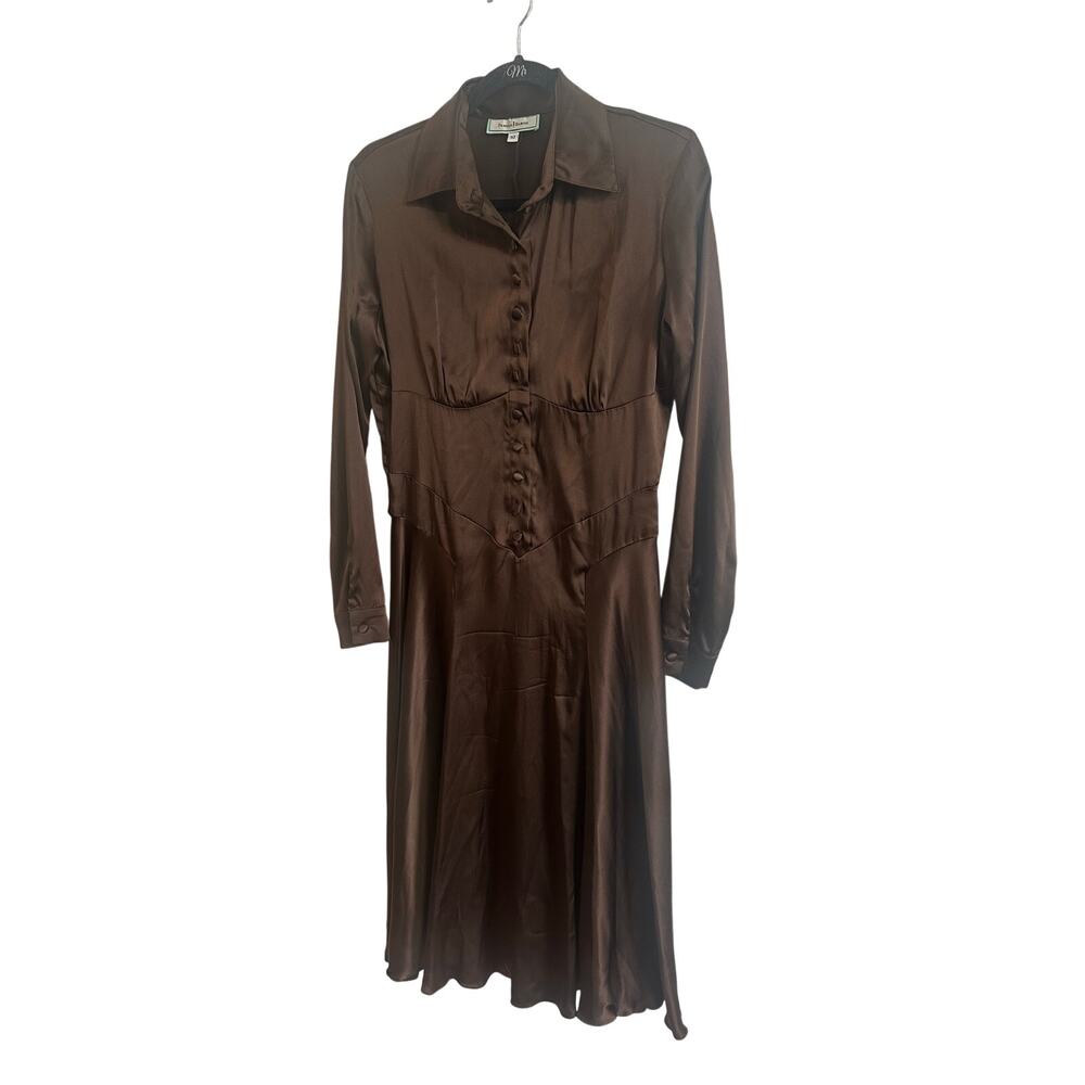 Pamela Barish Silk Longsleeve Midi Shirt Dress Brown Structured Waist Sz 10